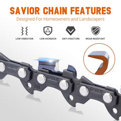 Savior chainsaw chain displayed with gloves and storage bags