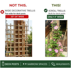 Scroll Trellis installed on a deck post with climbing plants