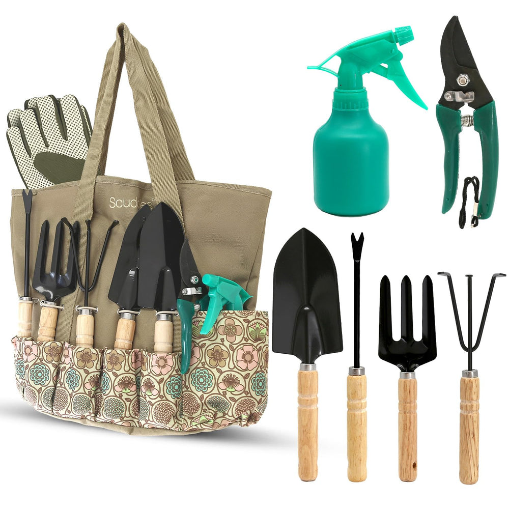 Scuddles 8-piece garden tool set with shovel, rake, and gloves