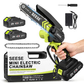 Seese Mini Cordless Chainsaw front view with battery