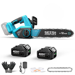 Seesii 12-Inch Electric Chainsaw front view in Ice Blue