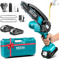 Seesii 6-inch mini chainsaw front view with light blue finish