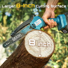 Seesii Mini Chainsaw side view showing battery compartment