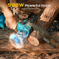 Seesii Mini Chainsaw with safety features highlighted