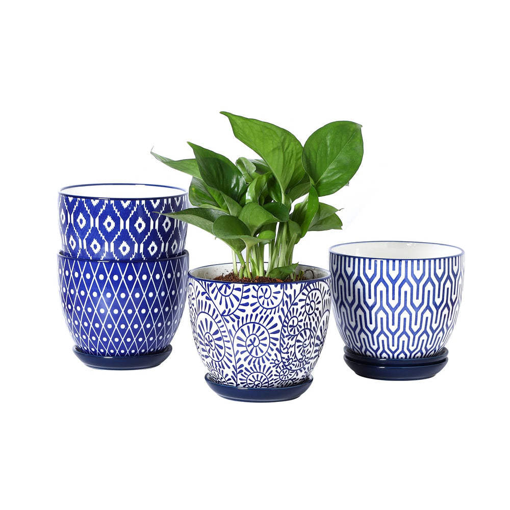Selamica ceramic plant pots vintage blue set of 4 front view