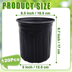 Set of 120 black plastic nursery pots stacked together