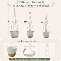 Set of three macramé hanging planters in different sizes