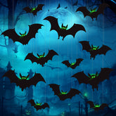 sewrung 12 Pcs Hanging Bats Halloween Decorations - Black bats with glowing eyes