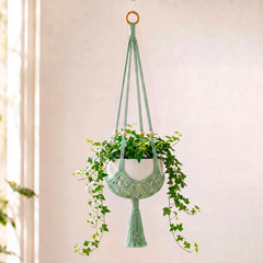 Shappy Boho Macrame Plant Hanger front view in sage green