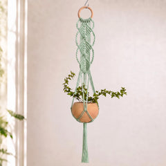 Shappy Boho Macrame Plant Hanger sage green front view with hanging basket
