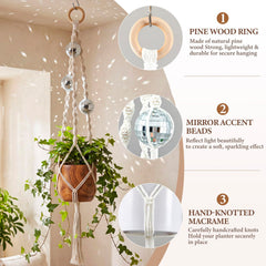 Shappy Macrame Disco Ball Plant Hanger side view displaying hanging design