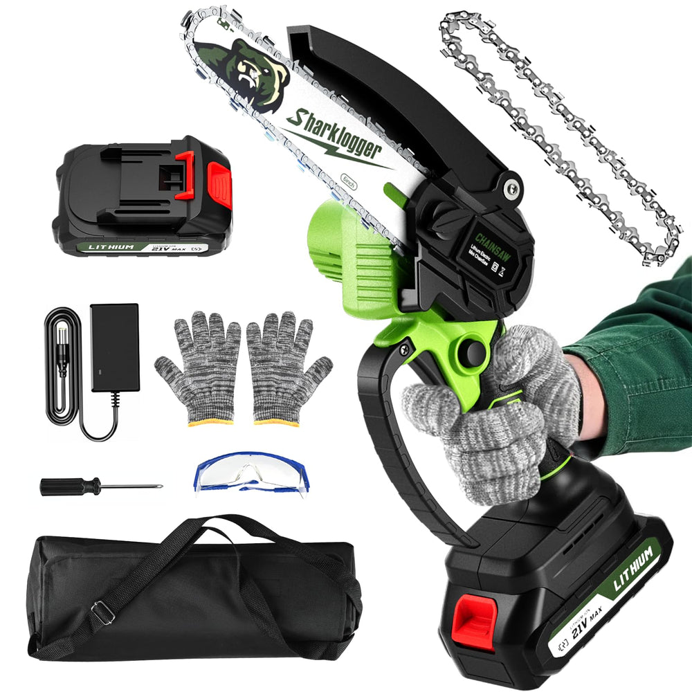 Sharklogger Mini Chainsaw front view with ergonomic handle