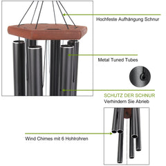 Side view of ASTARIN black wind chime with nylon cord