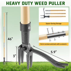 Side view of BellaJoyz Stand Up Weed Puller Tool featuring bamboo handle