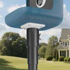 Side view of Bird Buddy feeder mounted with adapter