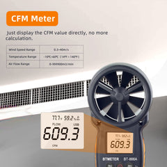 Side view of BTMETER 866A Anemometer showing buttons