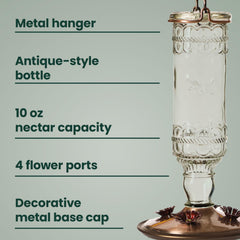 Side view of clear glass bottle of Perky-Pet Hummingbird Feeder