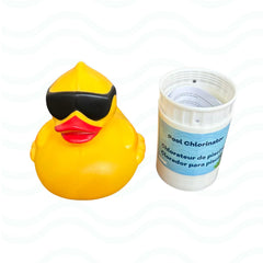 Side view of GAME Derby Duck pool chlorinator floating in water