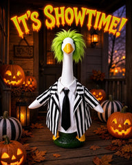 Side view of GigaCircle Halloween Goose Outfit showing neon green wig