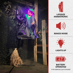 Side view of Haunted Hill Farm Flying Witch Animatronic showing broom