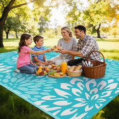Side view of HEBE outdoor rug showing floral pattern