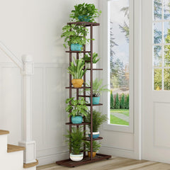 Side view of LINZINAR 8 Tier Metal Plant Stand displaying flowers