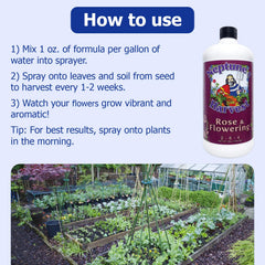 Side view of Neptune's Harvest Rose & Flowering Fertilizer bottle showing measurement marks