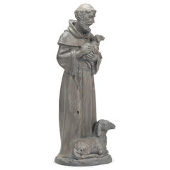 Side view of Roman Saint Francis Garden Statue in garden
