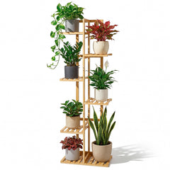 Side view of ROSSNY Bamboo Plant Stand showing its height and design