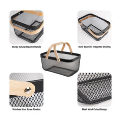 Side view of SANHSEHOME Metal Mesh Steel Harvest Basket showing wooden handles