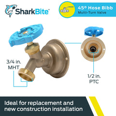 Side view of SharkBite 45-Degree Hose Bibb with brass finish