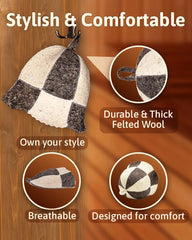 Side view of SHSH trade group Wool Sauna Hat Checkered