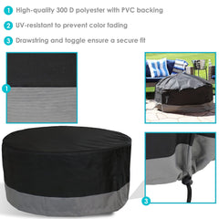 Side view of Sunnydaze Decor fire pit cover showing drawstring closure