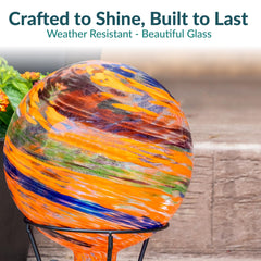 Side view of Sunnydaze Glass Gazing Ball showing swirling colours