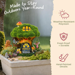 Side view of the fairy house statue with vibrant green moss