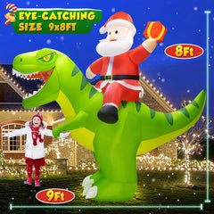 Side view of the giant dinosaur inflatable with Santa