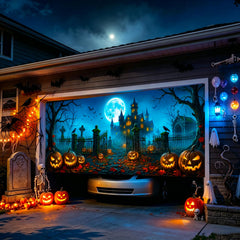 Side view of the Halloween garage door cover showcasing its vibrant colours