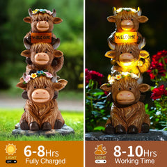 Side view of the twinbling Highland Cow Statue showcasing its solar panel