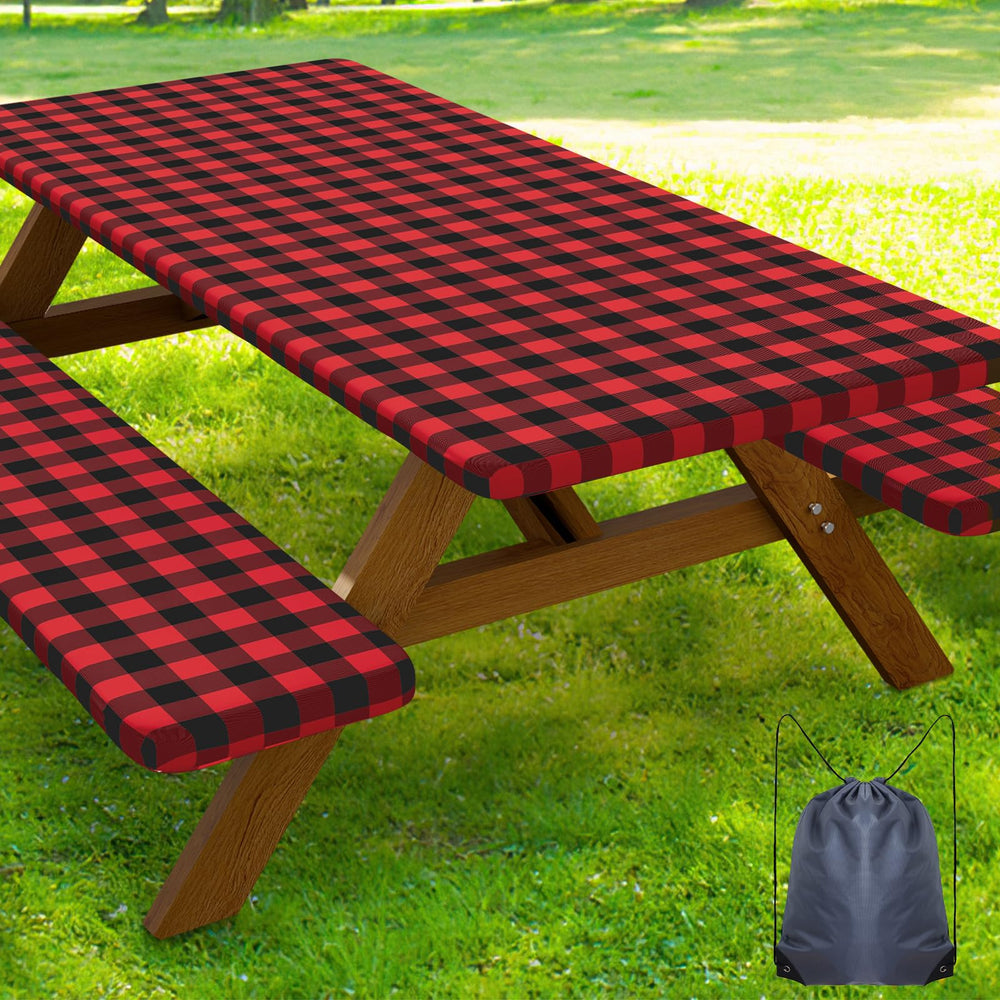 Smiry 6FT Picnic Table Cover Set in black and red buffalo plaid
