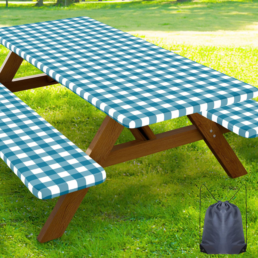 Smiry 6FT Picnic Table Cover Set with turquoise and white buffalo plaid design