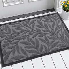 Smiry Leaf Front Door Mat front view, Silver Grey, 29.5 x 17 inches