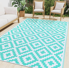 Smiry Outdoor Rug 9x18 ft with geometric pattern in white and teal