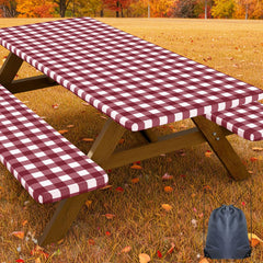 Smiry picnic table cover set including table and bench covers in burgundy and white buffalo plaid