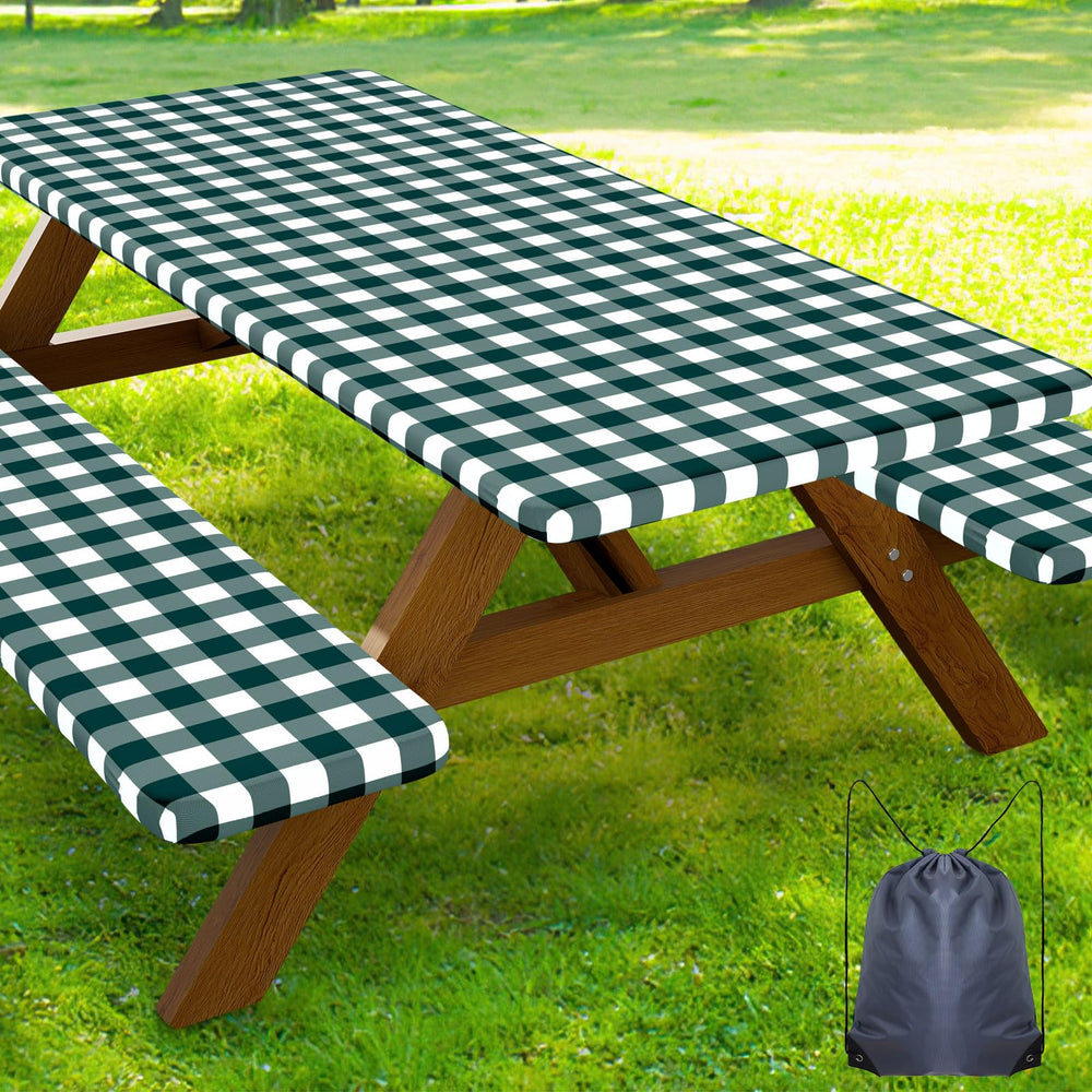 Smiry Picnic Table Cover Set with two bench covers in emerald green and white