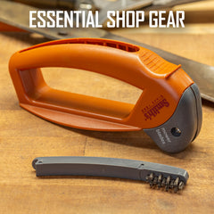 Smith's Lawn Mower Blade Sharpener side view showing safety guard