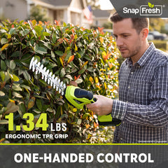 SnapFresh 20V Cordless Hedge Trimmer in use trimming bushes