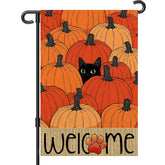 Snungee Fall Garden Flag double-sided design featuring black cat and pumpkins