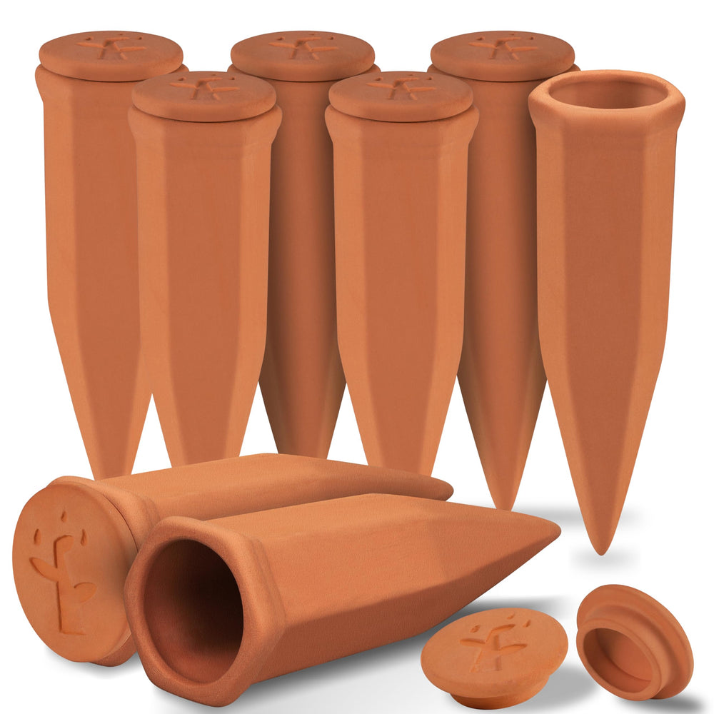 Soilagua Large Terracotta Watering Spikes in Earth Red, front view