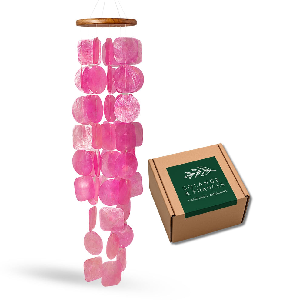 Solange & Frances Pink Wind Chimes front view with Capiz shells