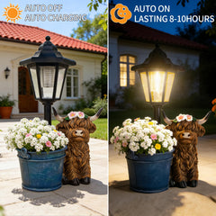 Solar lantern on the Highland cow statue during nighttime